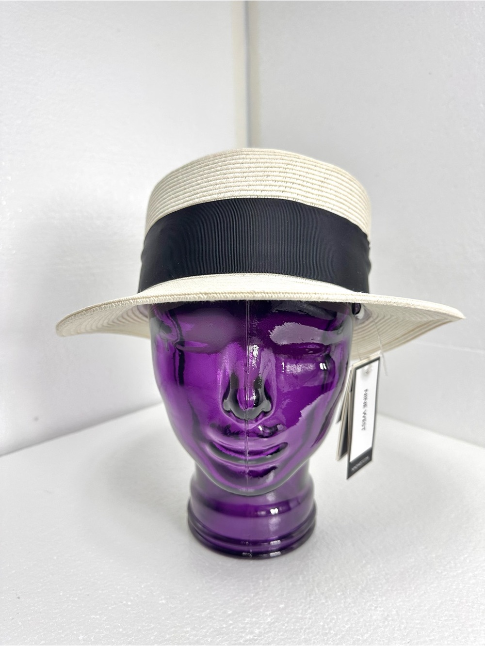 Nine West Straw Boater Hat with Black Ribbon Band and Flower NWT
